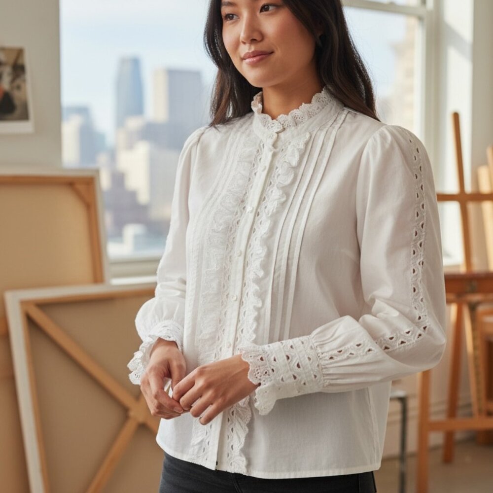 Zow Zow White Cotton Bohemian Eyelet Lace Blouse 3/4 Sleeve Women's XS